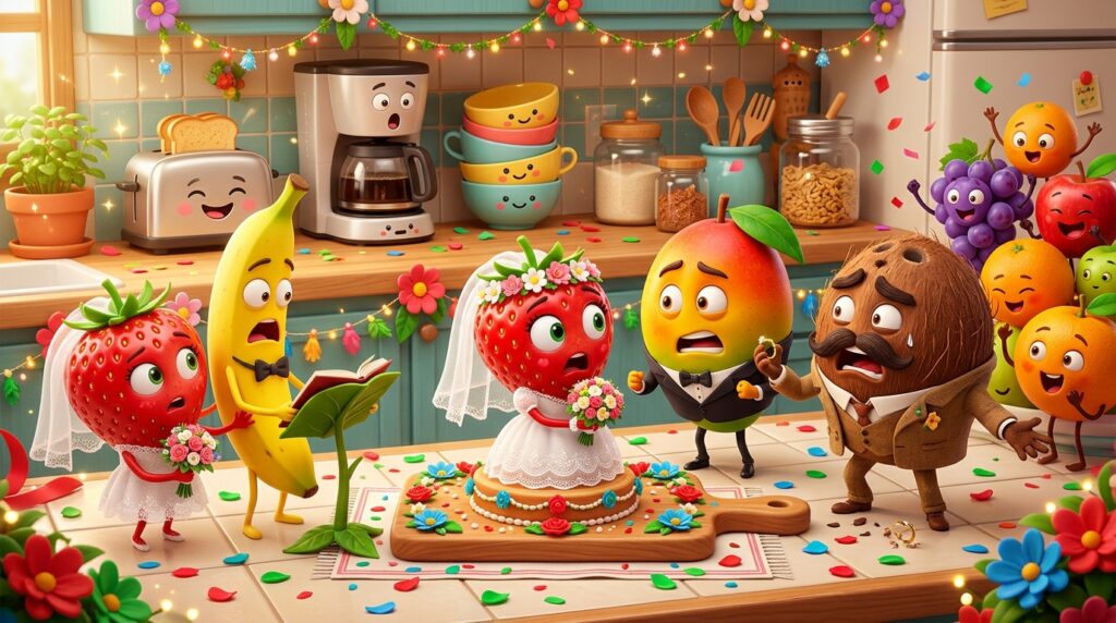 Ilustracion principal de La boda interrumpida de Doña Fresa: Drama y giros en el frutero - FrutiNovelas