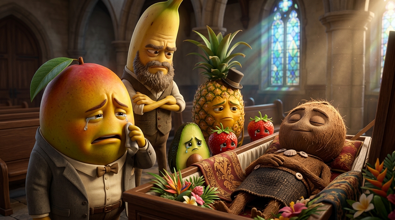 Detalles y expresion de personajes en Duelo en el Frutero: La Emotiva Despedida al Fundador de Coco's Scoop Sacude la Capilla