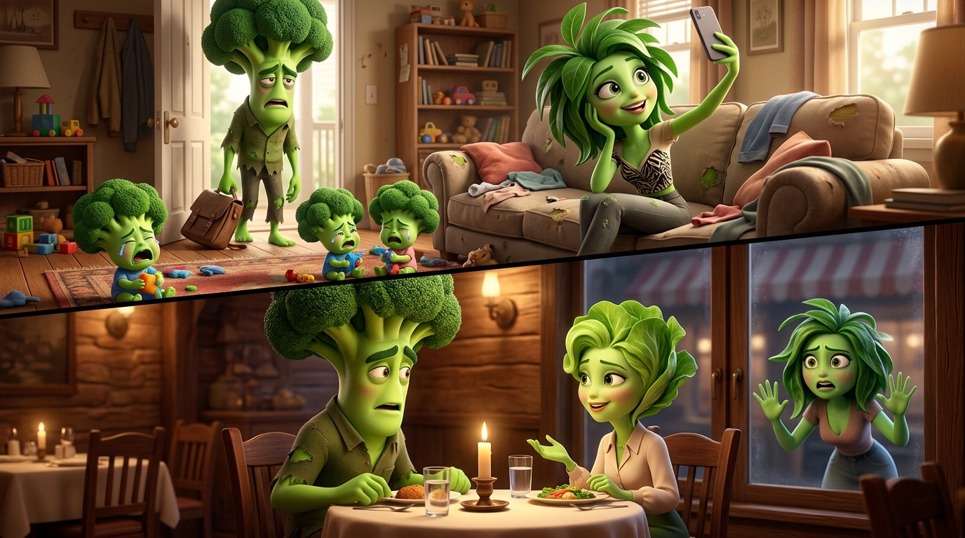 Detalles y expresion de personajes en ¡Escándalo en el huerto! Don Brócoli busca consuelo en otra ensalada tras el caos hogareño