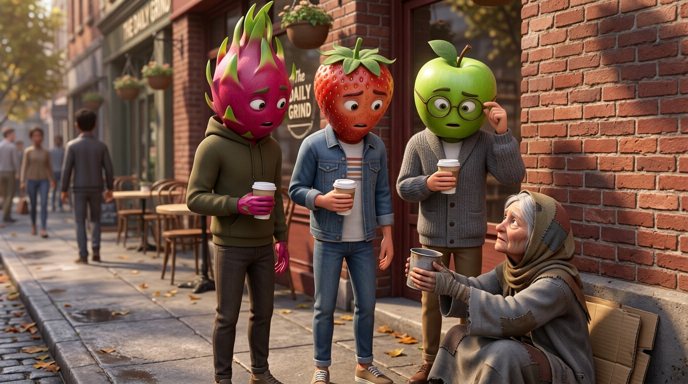 Detalles y expresion de personajes en ¡Tensión en la acera gourmet! El misterioso encuentro que congeló la sonrisa del trío frutal más galán