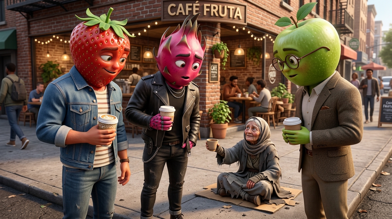 Escena principal de ¡Tensión en la acera gourmet! El misterioso encuentro que congeló la sonrisa del trío frutal más galán - FrutiNovelas